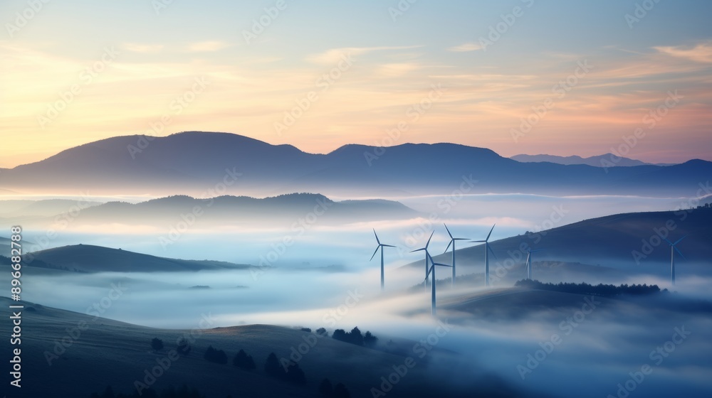 Fototapeta premium Majestic sunrise over misty hills with a wind turbine standing tall in the distance, blending nature and renewable energy beautifully.