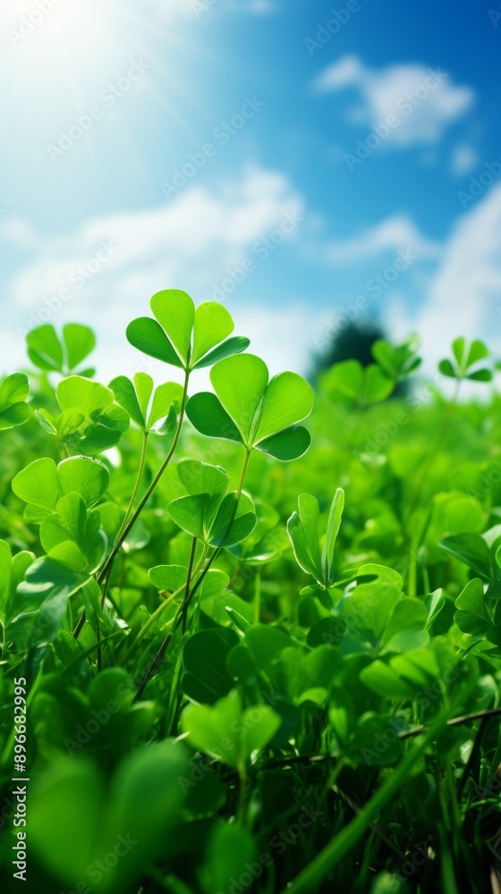 A vibrant field of green clover leaves bathed in sunlight under a bright blue sky with fluffy white clouds, capturing the essence of nature's beauty. A vibrant field of green clover leaves bathed in sunlight under a bright blue sky with fluffy white clouds, capturing the essence of nature's beauty.