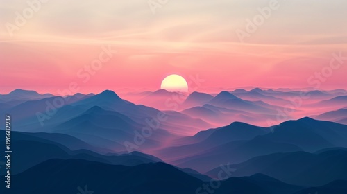 A serene 3D clipart of a sunrise over a mountain range
