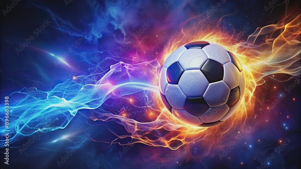 Naklejka premium Soccer ball with flames and lightning flying on night sky, blue and purple wave and black background, energy explosion, Soccer