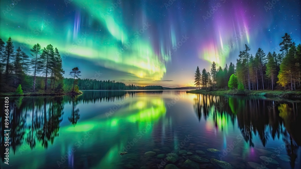 Naklejka premium Night view of northern lights over a tranquil forest by the lake, nature, forest, lake, aurora borealis, northern lights