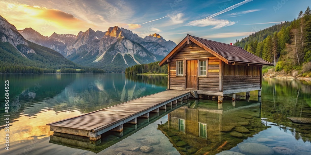Naklejka premium Small cabin by the lake with a wooden dock and mountains in the background, cabin, lake, dock, mountains, water, nature
