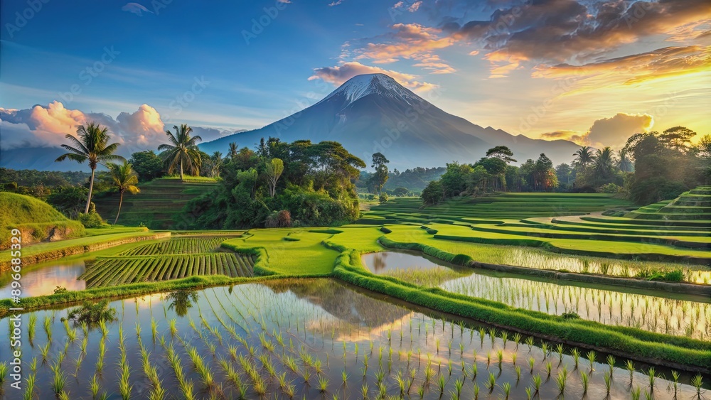 Obraz premium Scenic view of lush rice fields with Mount Rinjani in the background in Lombok, Indonesia, Rice fields, Mount Rinjani