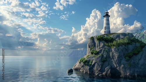 A peaceful 3D clipart of a lighthouse on a cliff