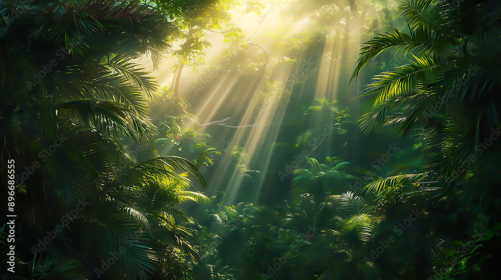 a lush rainforest canopy, sunlight streaming through a lush rainforest canopy, sunlight streaming through