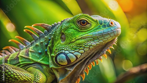 A close-up photo of a vibrant green iguana basking in the sun , reptile, lizard, green, exotic, wildlife, nature