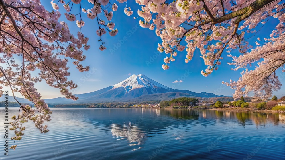 Fototapeta premium Sakura trees lining the northern shore of Lake Kawaguchi with Mt. Fuji in the background, sakura, cherry blossoms, trees