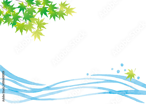 青紅葉と流水の背景　水彩イラスト