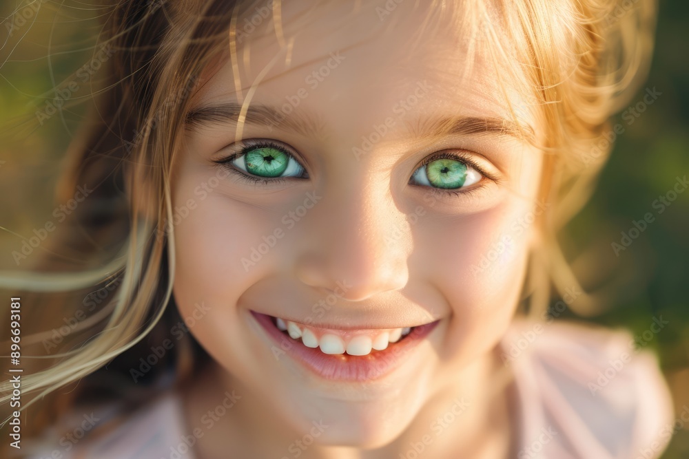 Happy smiling little girl with green eyes and blonde hair. Cute child with beautiful face looking into camera close-up portrait Happy smiling little girl with green eyes and blonde hair. Cute child with beautiful face looking into camera close-up portrait