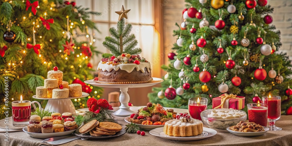 Festive Christmas table setting with a decorated tree, delicious cake, and assortment of food , holiday, celebration Festive Christmas table setting with a decorated tree, delicious cake, and assortment of food , holiday, celebration