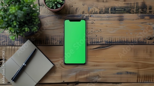 mobile phone with green screen on wooden table