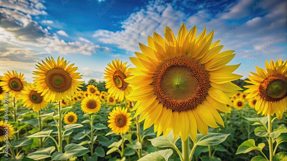 Fototapeta premium Sunflowers with various perspectives on a background, sunflower, different views, blossom, floral, vibrant, summer, nature, yellow