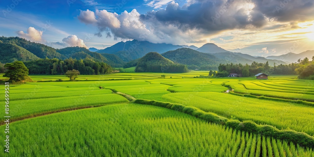Fototapeta premium A scenic view of a lush green rice field in the countryside, rice, field, agriculture, crop, farm, landscape, rural