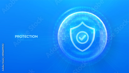 Protection. Healthcare. Insurance. Cyber security. Network safety. Protection shield with Check mark icon inside transparent sphere shield with hexagon pattern on blue background. Vector illustration.