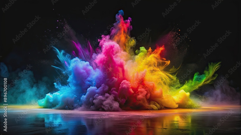 Fototapeta premium Vibrant colorful gradient splash on black background with smoke in spotlight, vibrant, colorful, gradient, splash