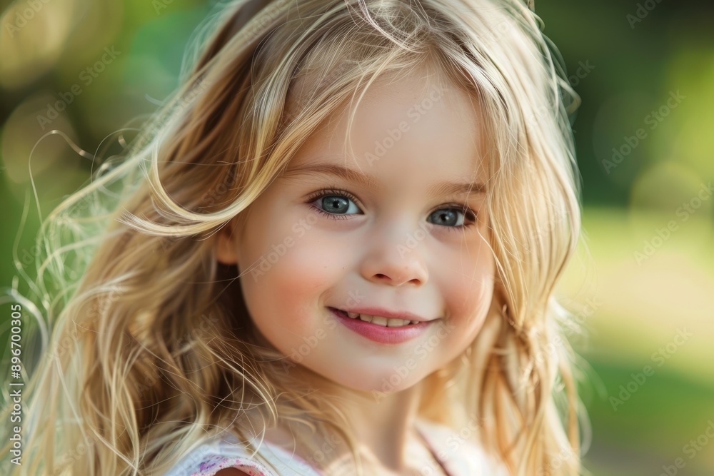 Happy smiling little girl with blonde hair outdoors. Cute child with beautiful face looking into camera close-up portrait Happy smiling little girl with blonde hair outdoors. Cute child with beautiful face looking into camera close-up portrait