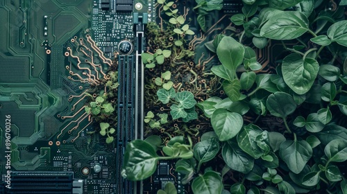 Illustration of motherboard or cicruit board covered with leaves roots and plants, concept of sustainable development and green energy ecology.  photo