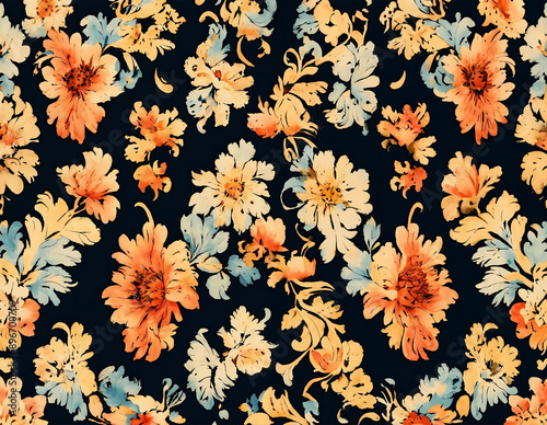 Bright orange, blue, and yellow flowers bloom against a stark black background. The colors contrast sharply, creating a striking visual impact. 