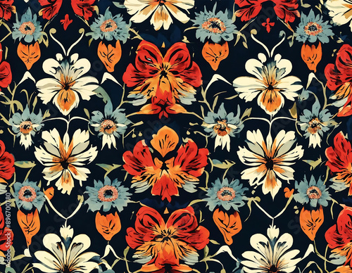 Black background serves as the backdrop for a striking arrangement of red, white, and blue flowers. The colors contrast boldly against the dark backdrop, creating a visually striking composition.
