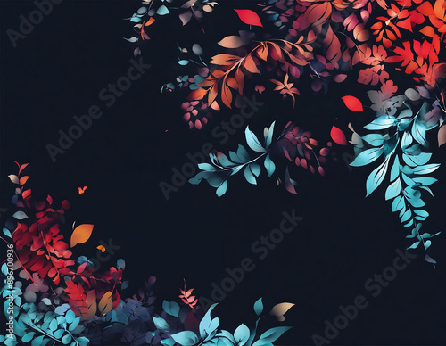 Red and blue leaves contrast beautifully against a solid black background. The leaves appear to be floating or falling, creating a dynamic visual impact.