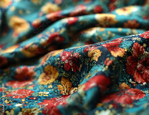 Detailed view of a flowery fabric featuring vibrant colors and intricate patterns. The texture of the fabric and the different types of flowers are visible up close.