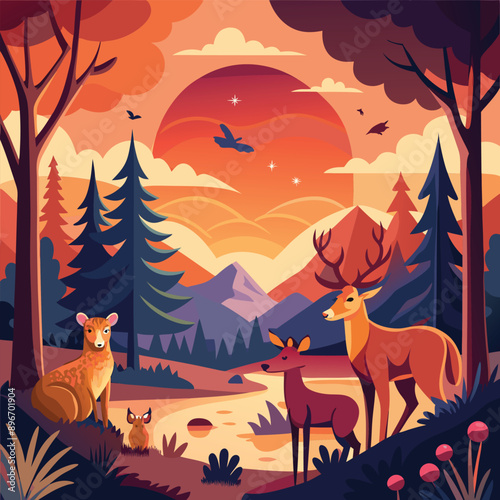 A paper cut of a deer and other animals in the forest at sunset illustratiion