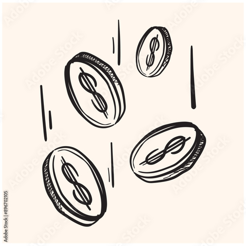 Money coin dropping doodle With illustration style doodle and line art