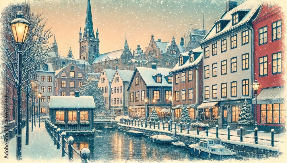 Obraz premium Winter in Gothenburg, Sweden, featuring forzen canals, wooden houses dusted with snow and cozy cafés