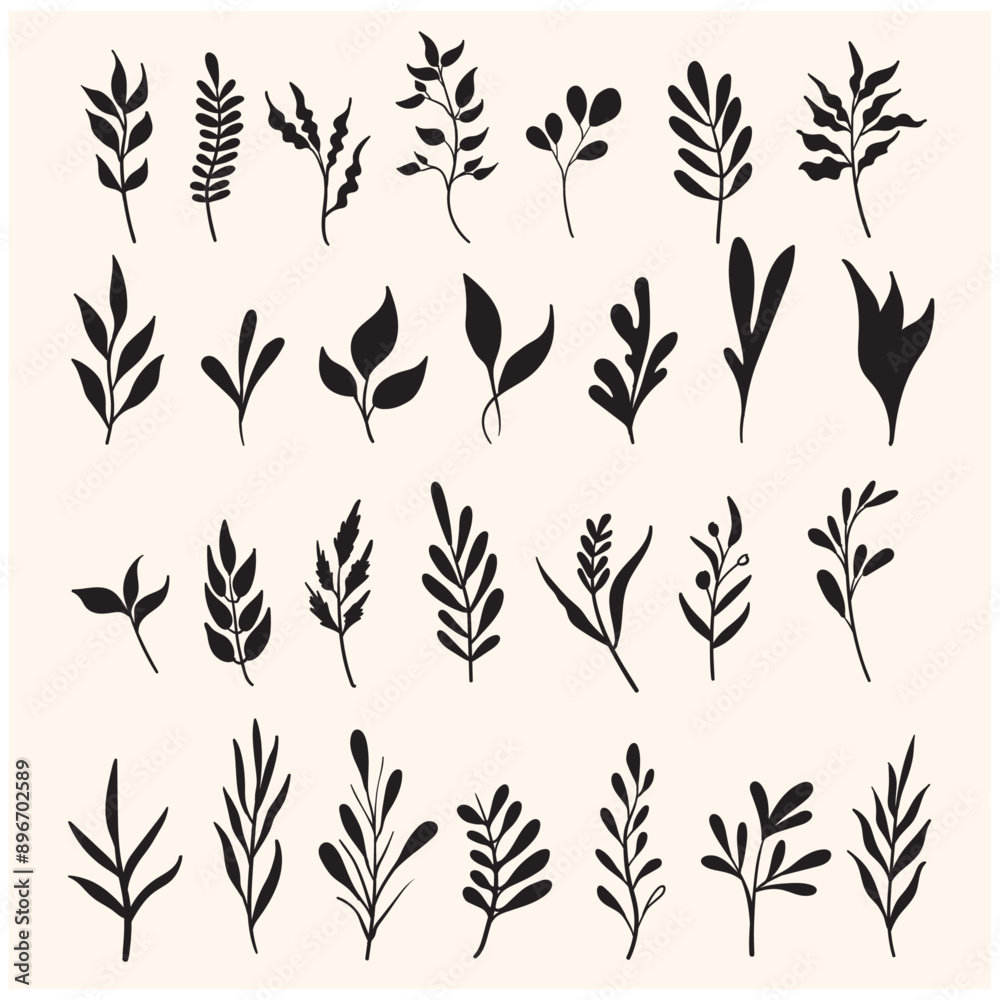Abstract branches, forest plants, contour, berries, delicate twigs, stem and leaves With illustration style doodle and line art Abstract branches, forest plants, contour, berries, delicate twigs, stem and leaves With illustration style doodle and line art