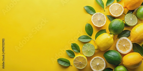 Fresh lemons and limes with green leaves on a yellow background , citrus, vibrant, tropical, fresh, summer, colorful, bright