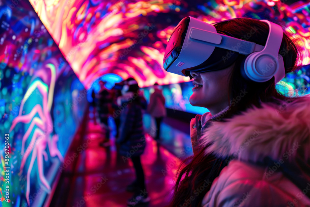 A woman experiencing vibrant virtual reality in a colorful tunnel, surrounded by immersive digital art. A woman experiencing vibrant virtual reality in a colorful tunnel, surrounded by immersive digital art.