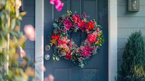 Flower wreath on a gray front door with sidelights © TheWaterMeloonProjec