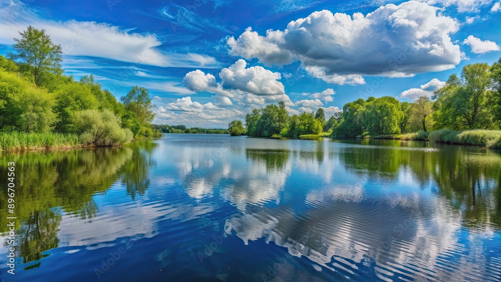Fototapeta premium Serene lake with lush trees under a blue sky with fluffy clouds, serene, lake, lush, trees, blue sky, fluffy clouds, peaceful