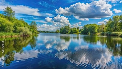 Serene lake with lush trees under a blue sky with fluffy clouds, serene, lake, lush, trees, blue sky, fluffy clouds, peaceful