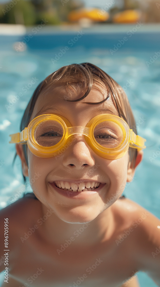 Naklejka premium A boy with yellow goggles smiles in a swimming pool on a sunny day