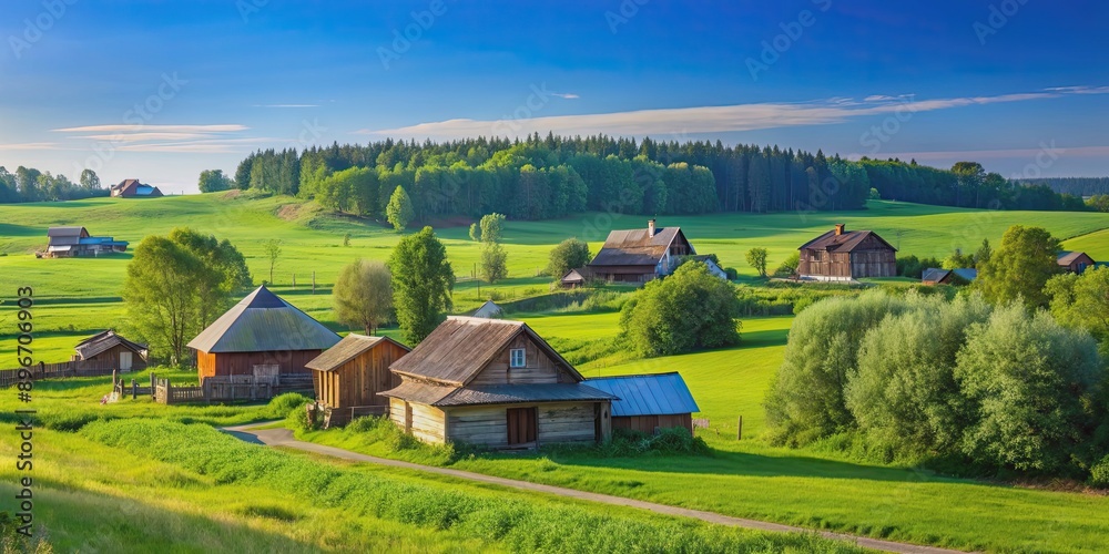 Serene summer rural landscape in Russia with green fields, wooden houses, and a clear blue sky, Russia, rural Serene summer rural landscape in Russia with green fields, wooden houses, and a clear blue sky, Russia, rural