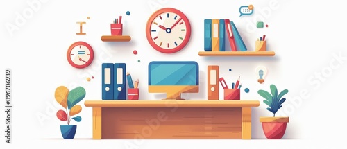 Colorful illustration of a tidy workspace with a computer, clock, shelves, and plants. Ideal for productivity, office, or home office themes.