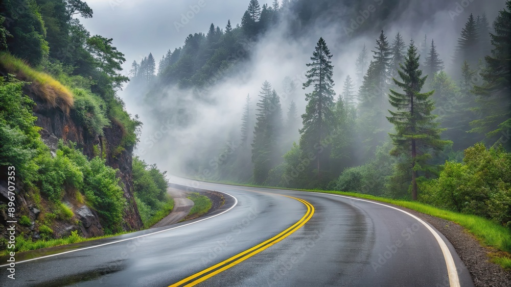 Fototapeta premium Mountain wet asphalt road curve at fog rainy day, mountain, wet, asphalt, road, curve, fog, rainy, day, weather, mist