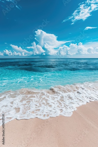 Tropical beach with turquoise water in the ocean. Paradise island on a sunny summer day. Trip, travel and vacation theme photo