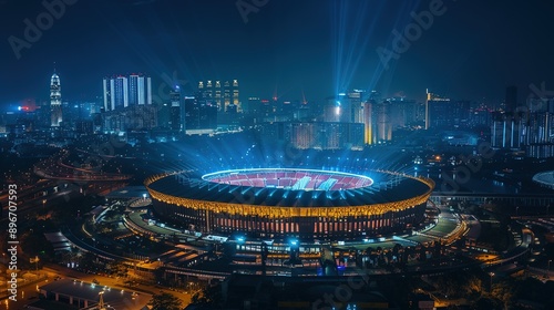 Nighttime Aerial View of a Stadium in Kuala Lumpur, Malaysia