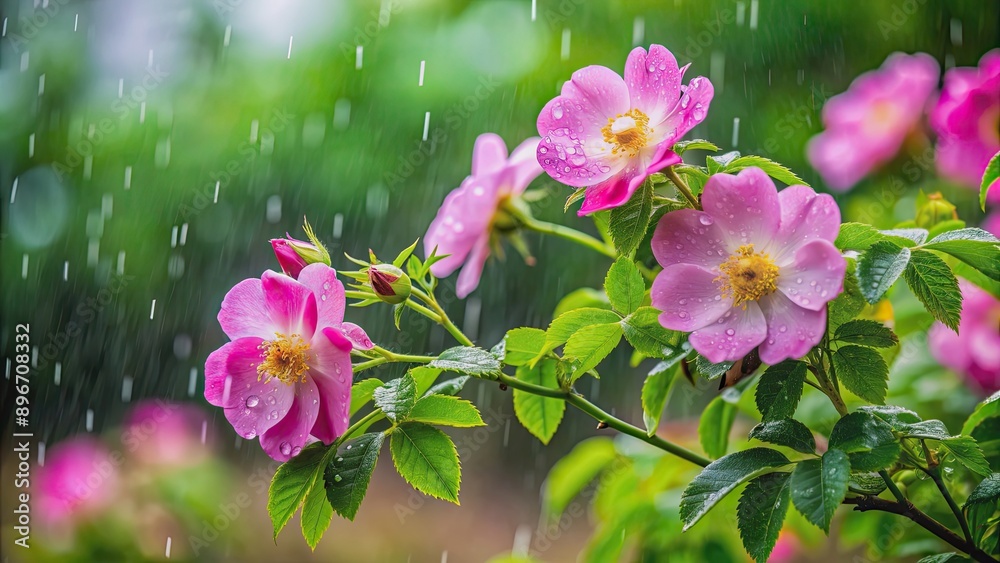 Naklejka premium Pink wild rose flowers in a garden on a rainy day , rain, garden, nature, pink, beautiful, blossoms, petals, flora, botanical, wild