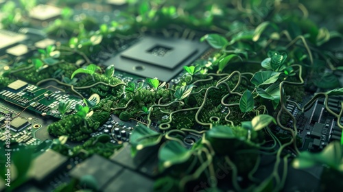 Illustration of motherboard or cicruit board covered with leaves roots and plants, concept of sustainable development and green energy ecology.  photo