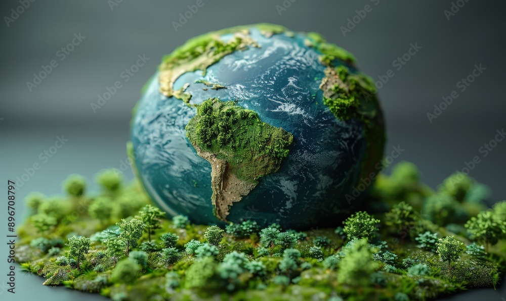 Miniature Earth model surrounded by lush greenery, symbolizing environmental conservation and the beauty of our planet.
