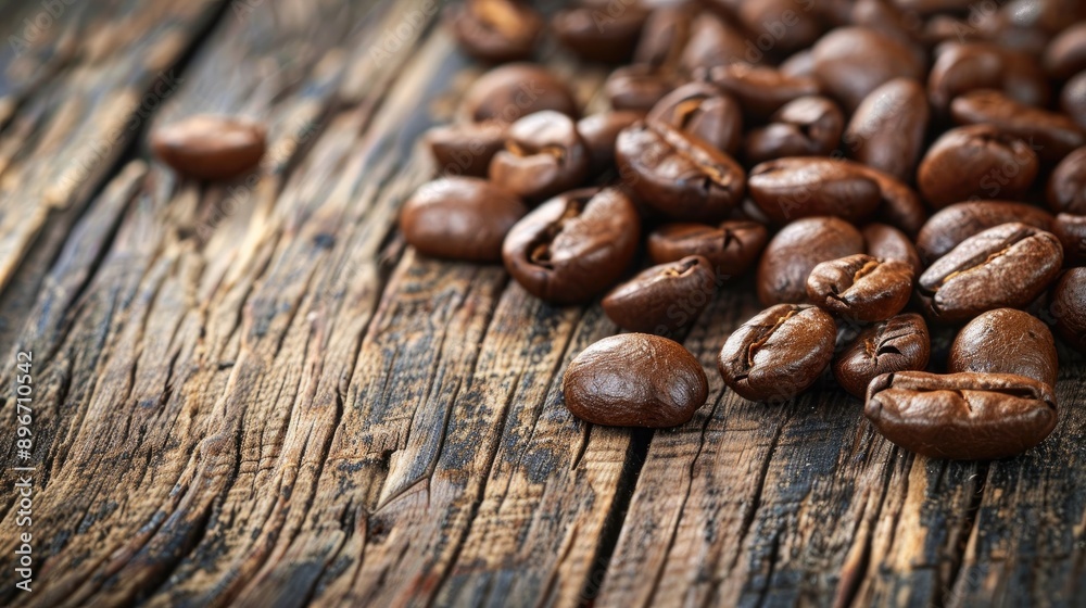 Roasted coffee beans displayed on wood surface Roasted coffee beans displayed on wood surface