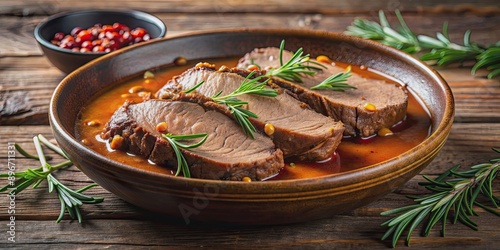 Delicious slices of sauerbraten with spicy sauce decorated with rosemary in a bowl, sauerbraten, spicy, sauce, rosemary photo