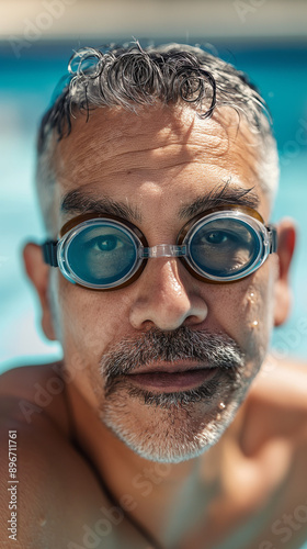 middle-aged Hispanic man with gray hair and a mustache, wearing goggles, looks directly at the camera from a swimming pool