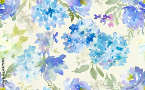 Fototapeta Naklejka Na Ścianę i Meble -  Seamless pattern of abstract hydrangea and wildflowers painted in watercolor	

