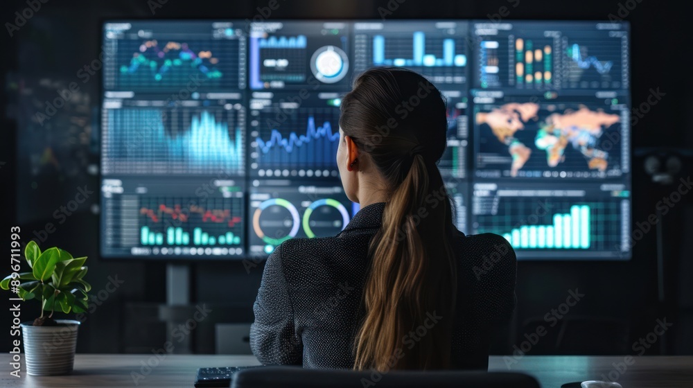 Businesswoman Analyzing Big Data on Large Screen with Charts, Graphs, and Neural Data in Monitoring Room Businesswoman Analyzing Big Data on Large Screen with Charts, Graphs, and Neural Data in Monitoring Room