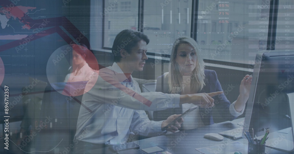 Obraz premium Image of financial data processing over diverse business people in office