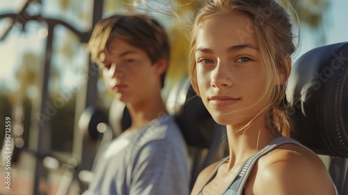 Active Teenagers Exercising Outdoors on Gym Equipment © hisilly